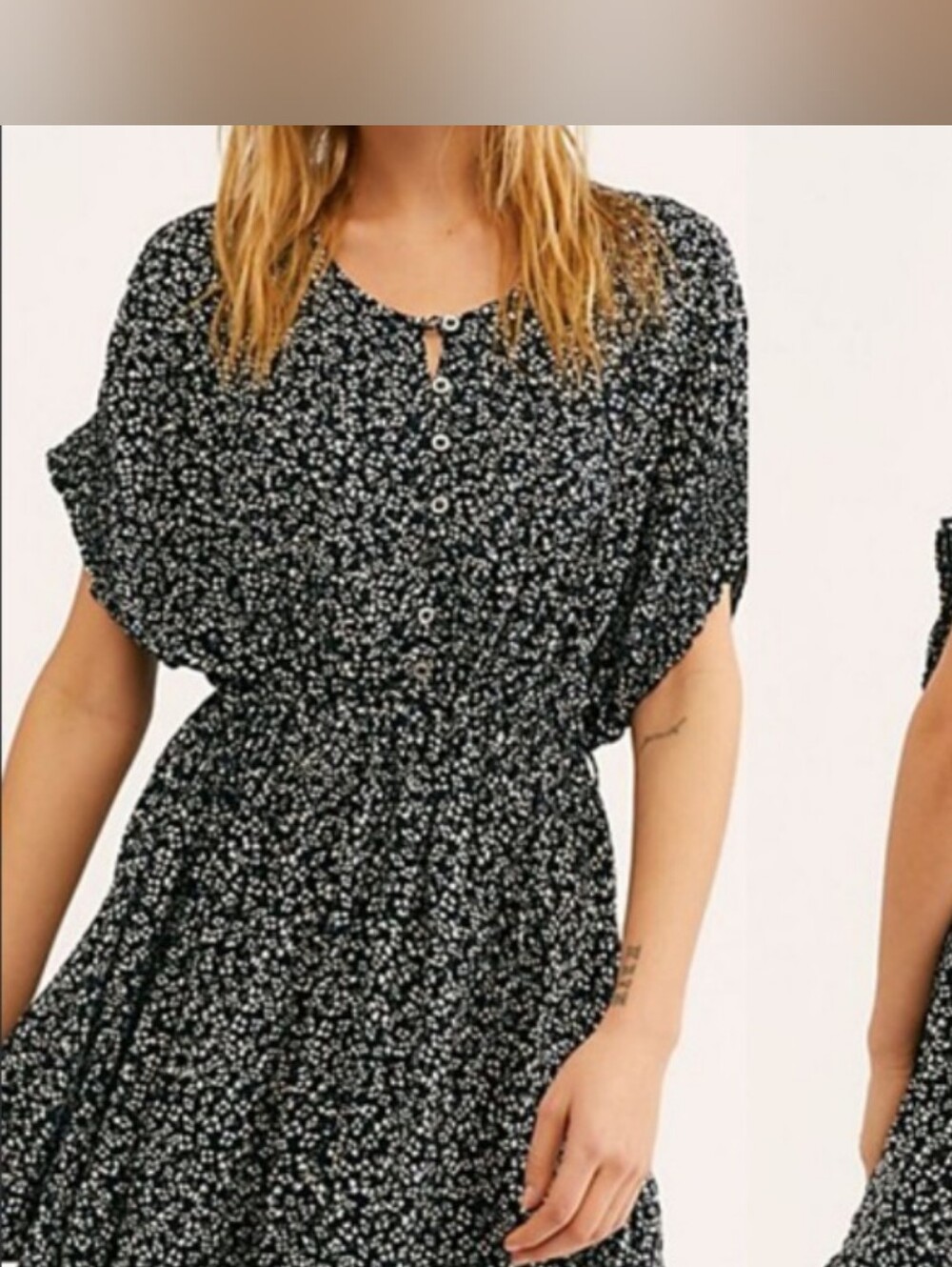 Free People Black Floral Short Dress with Button Front Detail